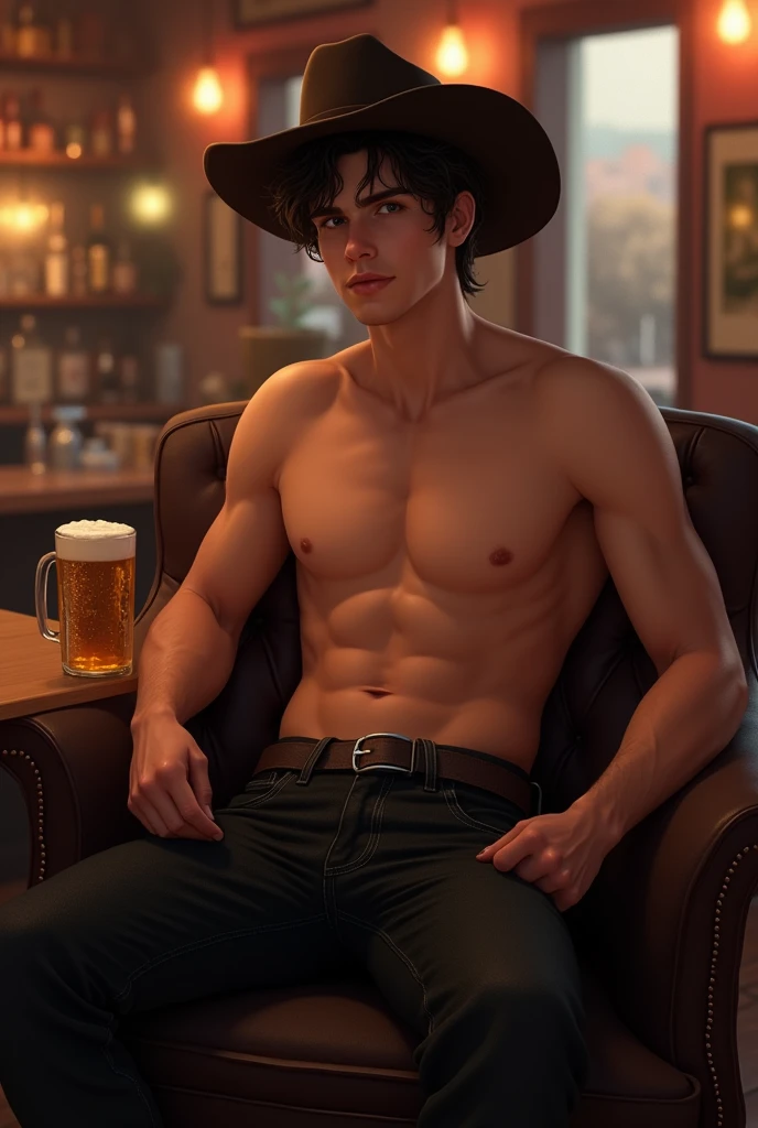 Young handsome cute beautiful skinny white face without shirt with cowboy in a bar with beer in his hand on his back with black jeans lowering his pants shows a part of his intimate butt sitting on an armchair with a cute face