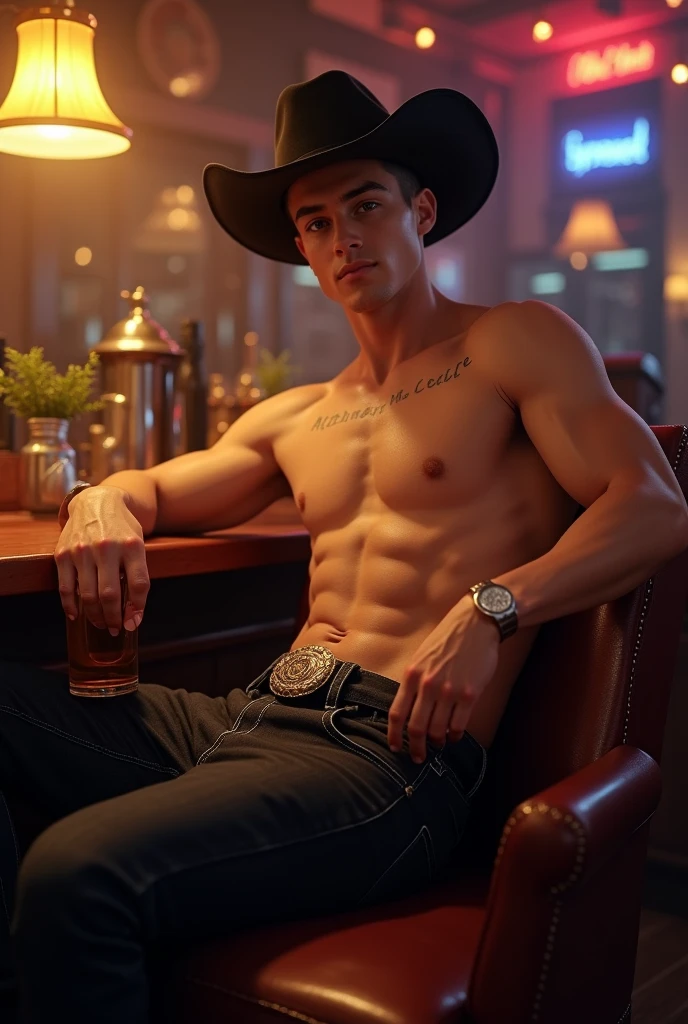 Young handsome cute beautiful skinny white face without shirt with cowboy in a bar with beer in his hand on his back with black jeans lowering his pants shows a part of his intimate butt sitting on an armchair with a cute face