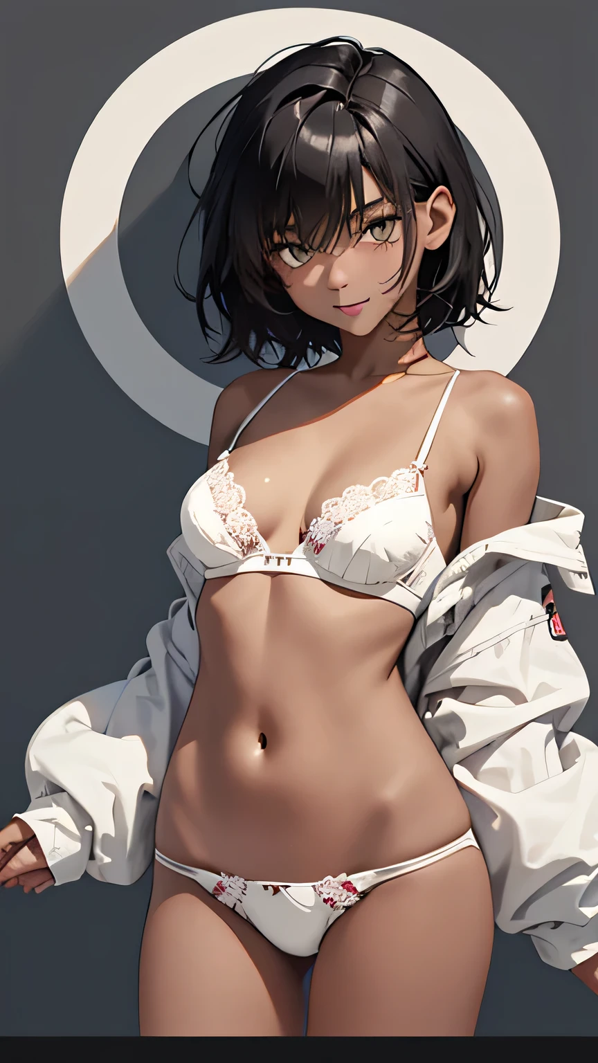 Highest quality、Realistic、、zoom、Girl、look up、cute、Light grey eyes、Black Hair、short hair、Tanned brown skin、Dark Skin、Character print white bra、Character print white panty、Shy laugh、Flat Chest、Bust Shot、Low - Angle、thin、Changing clothes、Stripping scene