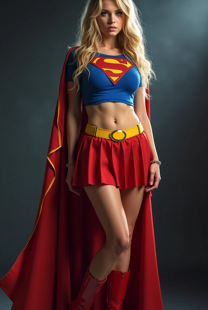full view of A SEXY AGE FEMALE WITH DARK BLUE EYES AND LONG MESSY GOLDEN BLONDE HAIR WEARING A CLASSIC BLUE SUPERMAN LONG SLEEVED CROP TOP COSTUME, A SHORT RED PLEATED SKIRT WITH A YELLOW SUPERGIRL BELT, RED HIGH HEELED BOOTS, AND RED SUPERMAN CAPE WITH YELLOW TRIM. large breasts, incredibly detailed skin and eyes, seductive poses, 8K resolution, masterpiece, ultra-detailed, realistic, photo-realistic, vivid colors, dramatic lighting,