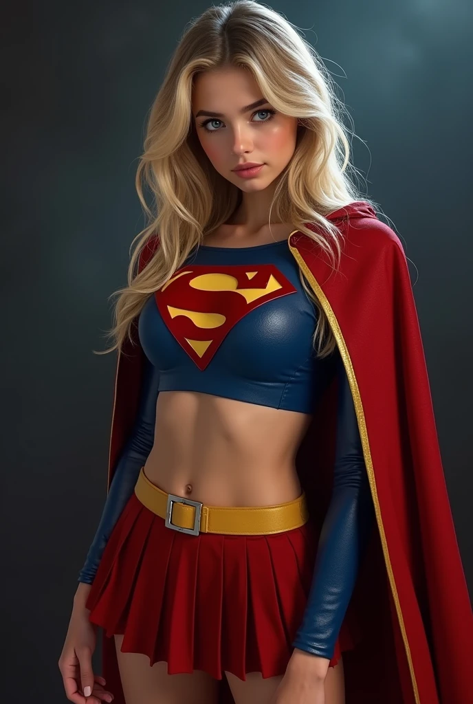 full view of A SEXY TEENAGE FEMALE WITH DARK BLUE EYES AND LONG MESSY GOLDEN BLONDE HAIR WEARING A CLASSIC BLUE SUPERMAN LONG SLEEVED CROP TOP COSTUME, A SHORT RED PLEATED SKIRT WITH A YELLOW SUPERGIRL BELT, RED HIGH HEELED BOOTS, AND RED SUPERMAN CAPE WITH YELLOW TRIM. large breasts, incredibly detailed skin and eyes, seductive poses, 8K resolution, masterpiece, ultra-detailed, realistic, photo-realistic, vivid colors, dramatic lighting,