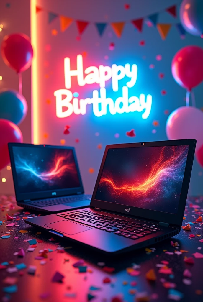 An  anniversary birthday card featuring MSI Lucky and Raider GE78HXSmartTP 13V and happy birthday MSI