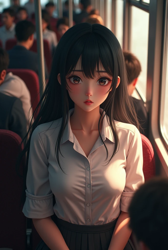 ((Highest quality, 8k, RAW Photos, masterpiece :1.3)), (Realistic、Realistic:1.37)、Very detailed、Ultra-high resolution, (Professional Lighting), ((From above:1.2)),((Full body photo)),Small breasts、Perfect Face、Beautiful expression、Beautiful Face、Beautiful Eyes、18 year old high school girl、Truly beautiful、Beautiful black hair、(Very good、Schoolgirl uniform、Button-down shirt:1.2、Off the shoulder、Exposing shoulders:1.3,Mini Pleated Skirt）、(A crowded train with sunlight pouring in)、caress、Embarrassed expression、blush、That man has a vulgar face、Men hugging each other