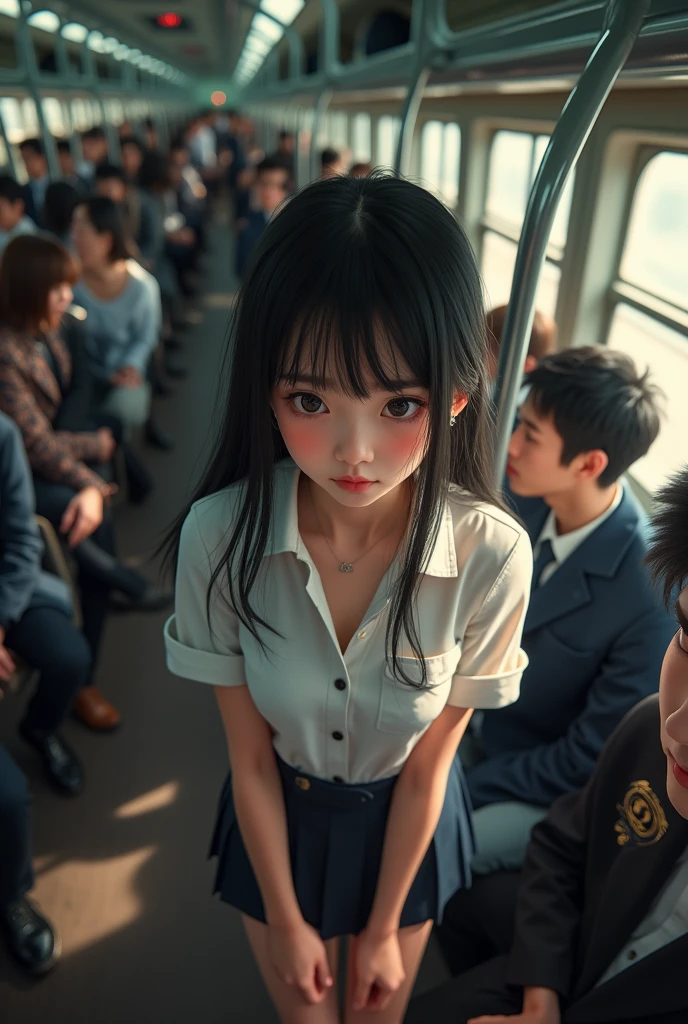 ((Highest quality, 8k, RAW Photos, masterpiece :1.3)), (Realistic、Realistic:1.37)、Very detailed、Ultra-high resolution, (Professional Lighting), ((From above:1.2)),((Full body photo)),Small breasts、Perfect Face、Beautiful expression、Beautiful Face、Beautiful Eyes、18 year old high school girl、Truly beautiful、Beautiful black hair、(Very good、Schoolgirl uniform、Button-down shirt:1.2、Off the shoulder、Exposing shoulders:1.3,Mini Pleated Skirt)、(A crowded train with sunlight pouring in)、caress、Embarrassed expression、blush、That man has a vulgar face、Men hugging each other