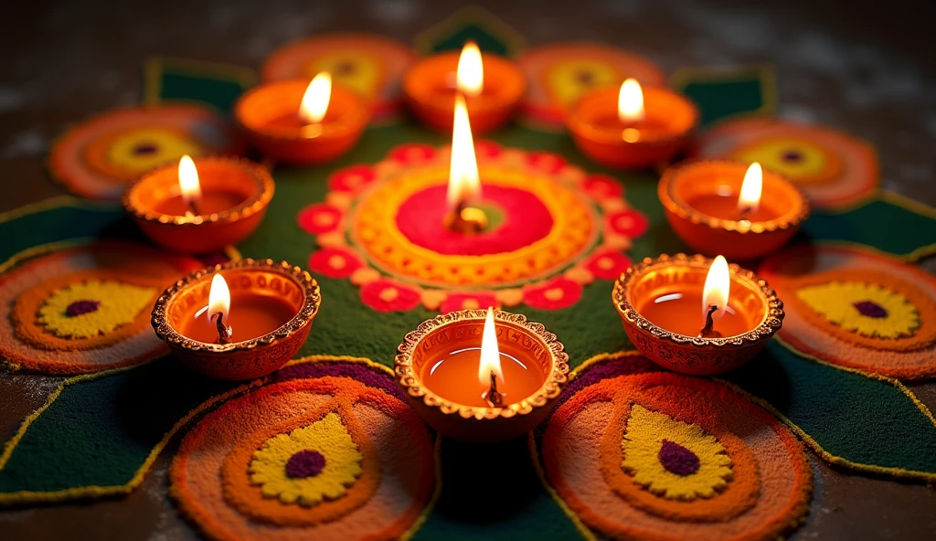 Top-down view of intricately designed Diya lamps placed on a colorful rangoli pattern, illuminating the surrounding area with a warm glow