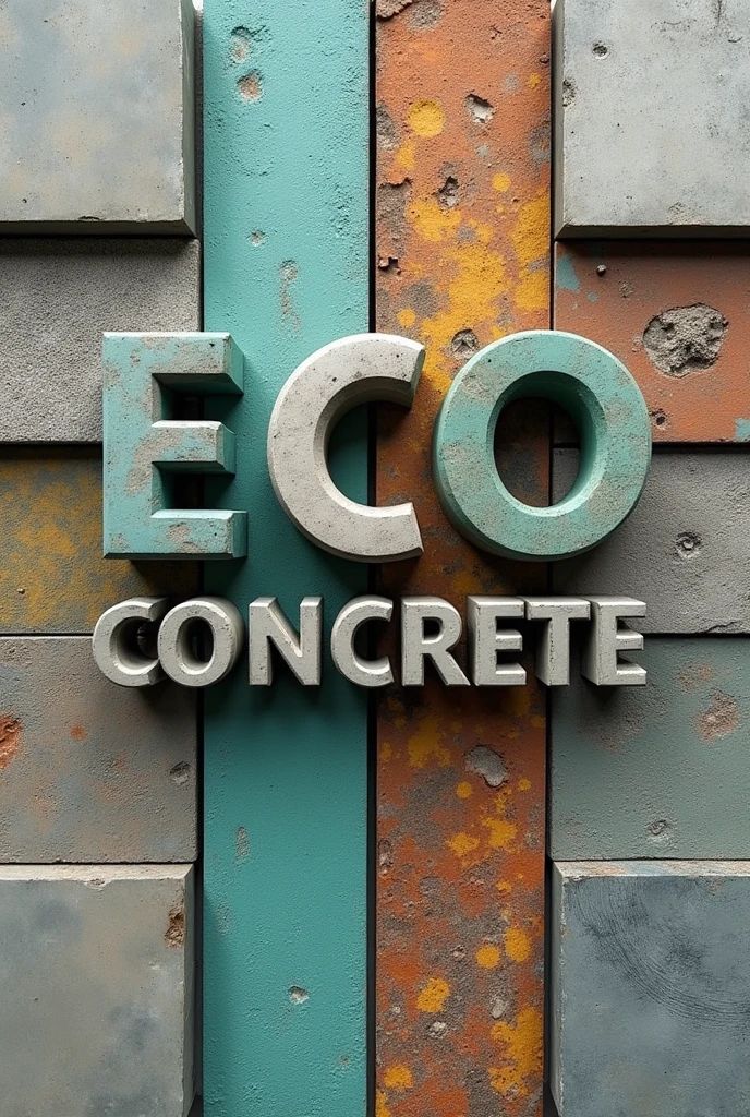 Create a recycled concrete logo that says the name of "ECO-CONCRETE" , against the background of various concretes made of PET