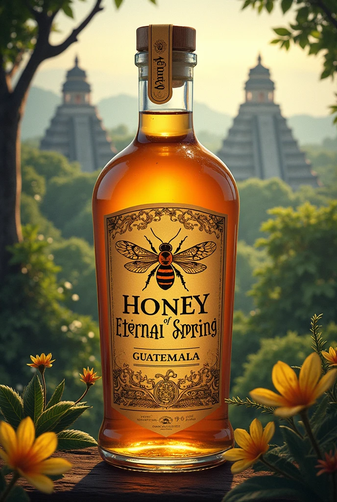label with floating bee design or honeycomb panel, Mayan city tikal, guatemala, with the brand name "Honey of eternal spring" Origin "guatemala"