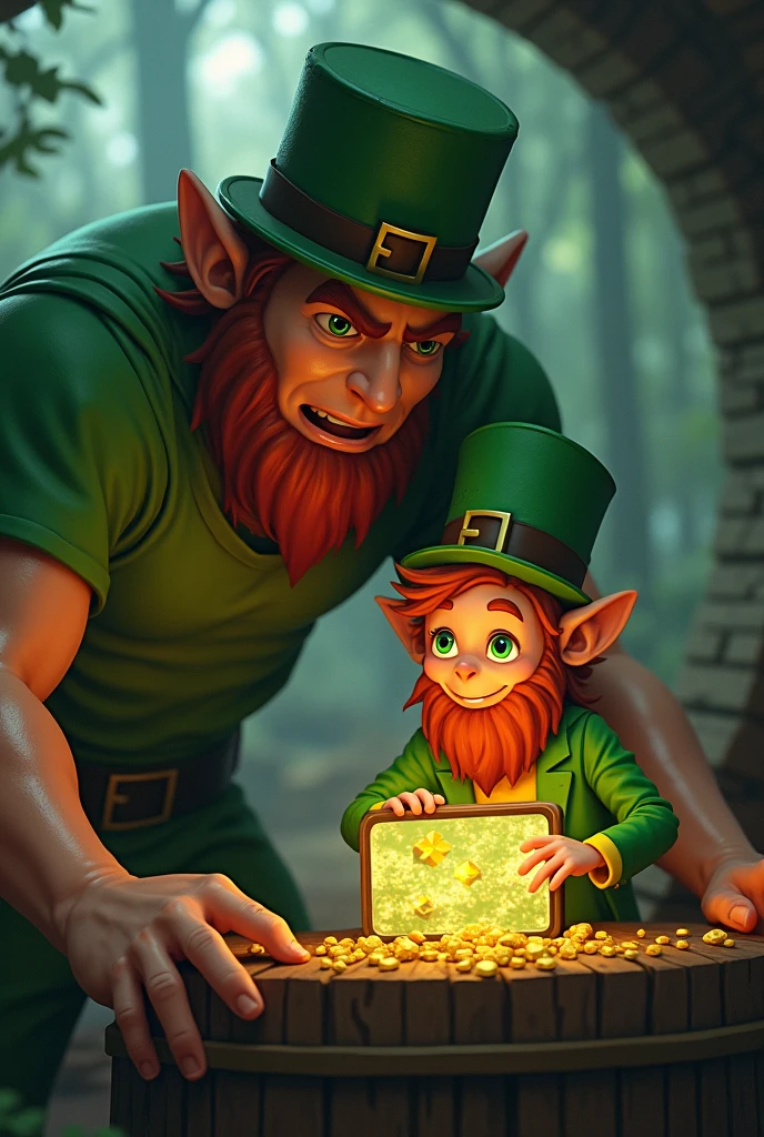 A leprechaun with a giant playing Minecraft video games 