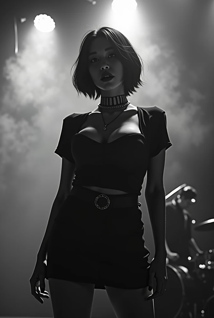 Black and white photography、Live footage、Asian woman with short bob、band、skirt、Beautiful Face、Punk Rock、Large Breasts、Satomi Ishihara、T-Shirts、A cleavage so big you could squeeze your penis in it、Stage Lighting、smoke、mist、Alice Hirose、Solo artist、skirtめくり、