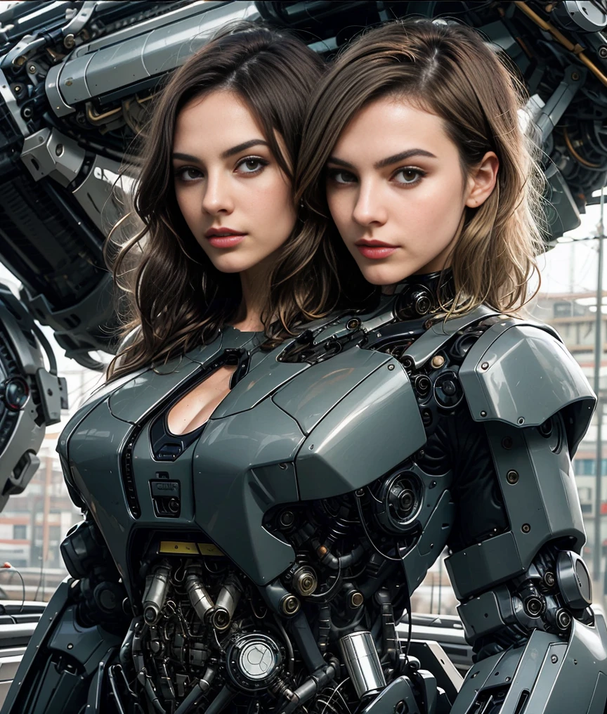 best resolution, 2heads, cyborg woman with two heads, medium cut, blonde hair, brunette hair, robot jacket, mechanical background