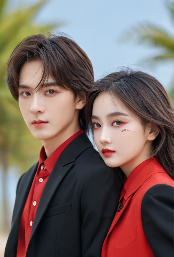(Reality:1.4), best quality, masterpiece, Ultra-high resolution, 1 boy, duo, 1 girl, girl is wearing red clothes, boy is wearing black clothes, (Delicate face:1.2), (exquisite eyes:1.2), (fine hair:1.2), (Detailed clothes:1.2), 4K, male, (close eyes)