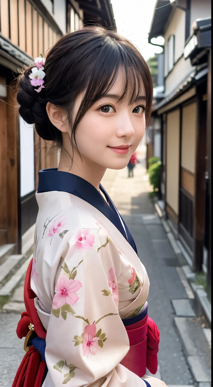 Professional Lighting,(Photorealistic:1.4), (Top image quality:1.0), (超High resolution:1.0), 8k, Raw photography, (masterpiece:0.2), (Facing the children_v1:0.5)、(最高quality Detail:1.2)、Realistic、8k UHD、High resolution、(1 person:1.2)、超detailedな、High quality textures、複雑なdetailed、detailed、Very detailed CG、High quality shadows、detailed 美しく繊細な顔、Beautiful details and a delicate eye、(Symmetrical eyes:1.2),Written boundary depth、Ray Tracing,1 person, Japanese, (Natural smile:1.4),cute, thin, Portrait of a beautiful Japanese woman in a kimono, Standing elegantly on a street corner in Kyoto. Kimono with vibrant traditional patterns, Hair decorated with elegant and delicate hairpins, Gentle expression. (With the old streets of Kyoto in the background:1.4)、The soft light of a spring afternoon、Adding tranquility to the scene. Rendered in a Realistic style with great attention to detail, High resolutionの画像.Sky Porn, Magic Hour, (Realistic:1.3), finely, quality, (Tabletop:1.2), (Realistic:1.2), (最高quality), (複雑なdetailed), dramatic, Ray Tracing, photograph, +roller