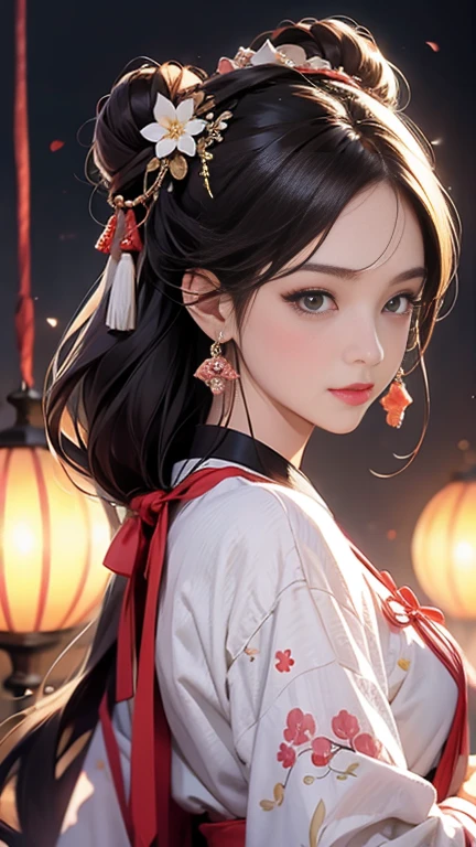 ( High resolution、 masterpiece、Highest quality、8k)、Tang Dynasty Buildings、Tang Dynasty China、Tang Dynasty China、(Young and beautiful woman、Beautiful Face、Beautiful Face、Cute nose、Pretty lips)、Pink and light colored Hanfu、(whole body)、Brown and black round bun hairstyle、Smiling Eyes、Holding、Cute action、Fingers on the chin、background、Tang Dynasty Buildings、Chang&#39;an city in the Tang Dynasty、Plum blossom、river view、Riverside city lights、Lantern Light、A complete portrayal、Detailed anime art、Detailed CG、