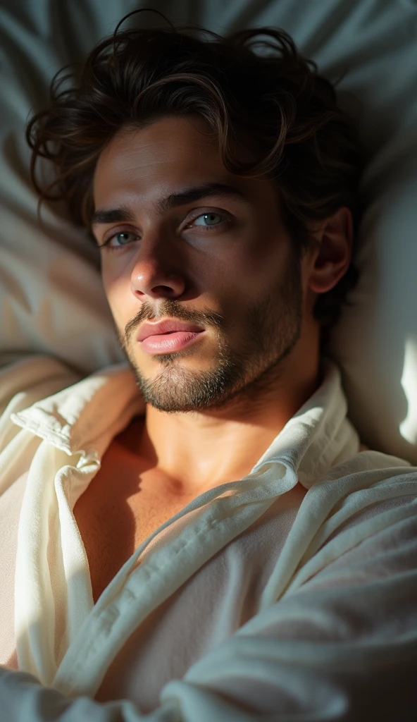 1 man, sheer robe, detailed face, beautiful eyes, soft lips, elegant pose, lying in bed, soft skin, natural light, dramatic light, very detailed, photorealistic, 8K, hyperrealistic, dramatic colors, ethereal, mystical, atmospheric, intricate details, glowing skin, captivating expression