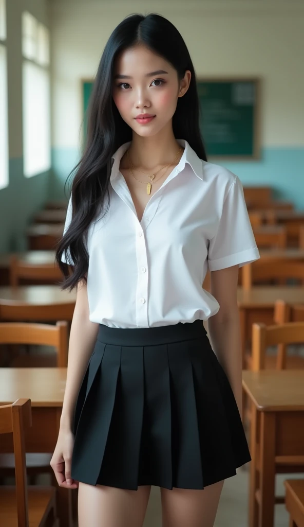 Beautiful girl with smooth skin, black hair, dark eyeshadow, gold pendant wearing a Thai student uniform, a white short-sleeved shirt, a black short skirt, a tight fit, standing and posing in a classroom. The background is a classroom, student desks and chairs. The most realistic picture.