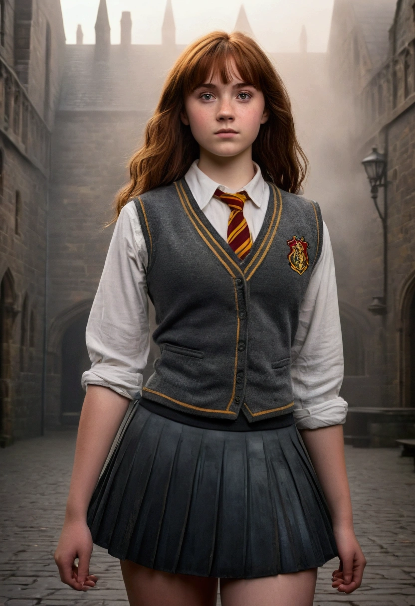 An illustrated movie poster, hand-drawn, full color, a teenage Hogwarts student, 18-years-old, female, wearing a charcoal vest and a pleated skirt, athletic hourglass figure, full wide hips, massive round butt, long shapely legs, ridiculously thick powerful thighs, vibrant eyes, deep dark auburn hair, thick shaggy bangs, flushed sun-kissed complexion, freckles, standing in a foggy Hogwarts courtyard, surrounded by mist, graphite shading, stencil marks, airbrushed acrylic paint, masterpiece, close-up shot, in the style of the Deathly Hallows