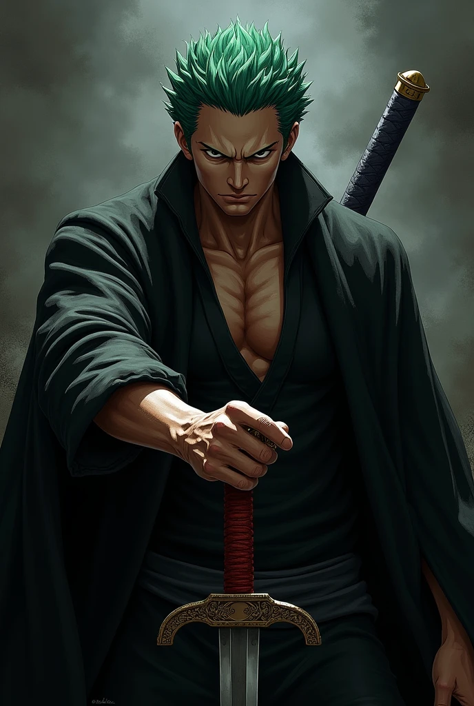 Roronoa zoro holding sword in one hand in black theme 