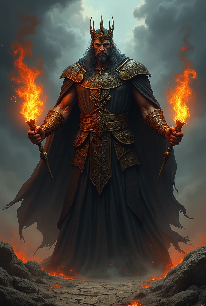 an evil king with torches in his hands