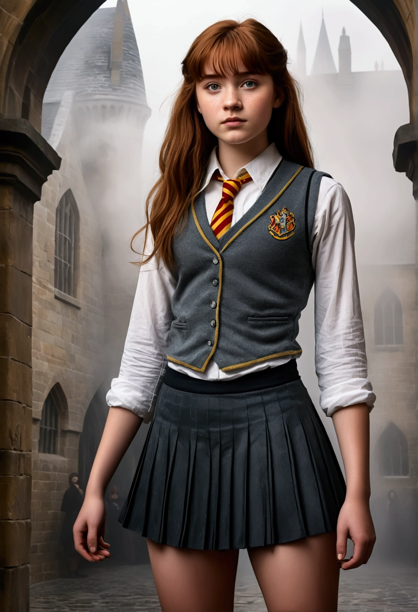 An illustrated movie poster, hand-drawn, full color, a teenage Hogwarts student, 18-years-old, female, wearing a charcoal vest and a pleated skirt, athletic hourglass figure, full wide hips, massive round butt, long shapely legs, ridiculously thick powerful thighs, vibrant eyes, deep dark auburn hair, thick shaggy bangs, flushed sun-kissed complexion, freckles, standing in a foggy Hogwarts courtyard, surrounded by mist, graphite shading, stencil marks, airbrushed acrylic paint, masterpiece, close-up shot, in the style of the Deathly Hallows