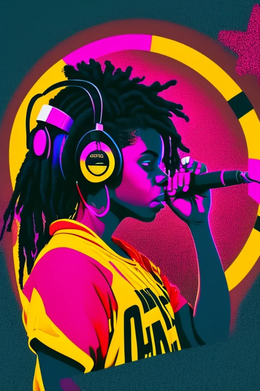 A background filled with scattered musical notes in various sizes and colors、

Creative logo illustration of a silhouette with dreadlocks and red headphones, 

A background completely filled with scattered musical notes in various sizes and colors, covering the entire screen.

beautiful girl colorful image

Dance hiphop Dance CREW  Waacking Dance

Punking 

black medium hair black medium hair 

Five fingers Baggy clothes Baggy clothes