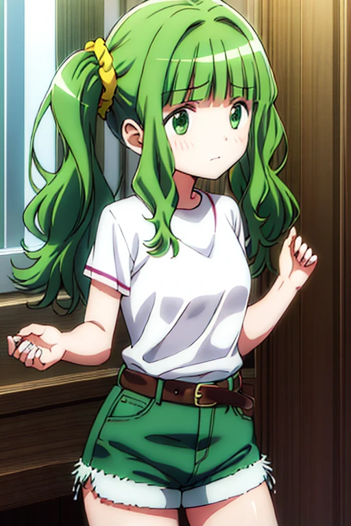 best quality, masterpiece, highres, solo, {futaba_sana_puellamagimadokamagicasidestorymagiarecord:1.15}, bangs, sidelocks, blunt_bangs, twintails, green_hair, wavy_hair, medium_hair, green_eyes, hair_ornament, blush, dot_nose, closed_mouth, aqua_hair, scrunchie, yellow_scrunchie, hair_scrunchie, 1girl, looking_at_viewer, white shirt, belt, denim_shorts, shorts_rolled