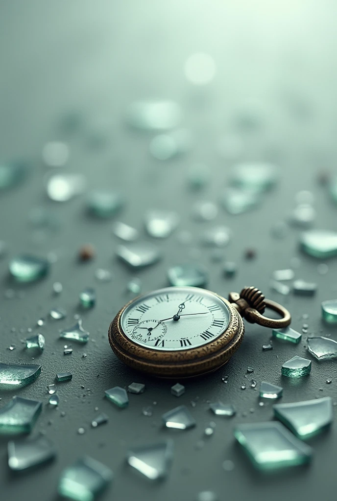 An image with a light grey background, It looks like it's broken glass with a pocket watch with broken glass at the bottom left of the image and the pieces of glass are scattered all over the image