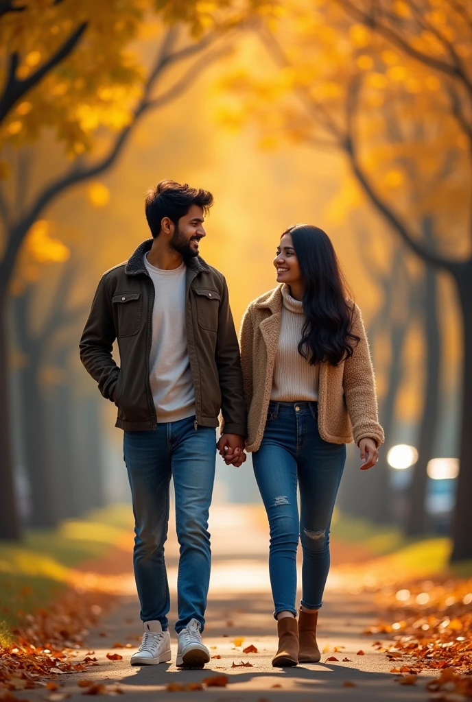 Professional photography, bokeh, natural lighting, canon lens, shot on dslr 64 megapixels sharp focus.Autumn weather golden leaves and the way fall looks. 25 year old young Indian couple walking hand in hand. blue light.