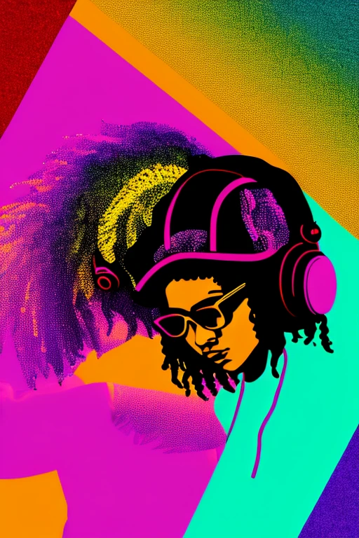 A background filled with scattered musical notes in various sizes and colors、
Creative logo illustration of a silhouette with dreadlocks and red headphones,
A background completely filled with scattered musical notes in various sizes and colors, covering the entire screen.
beautiful girl colorful image
Dance hiphop Dance CREW Waacking Dance
Punking
black medium hair black medium hair
Five fingers Baggy clothes Baggy clothes