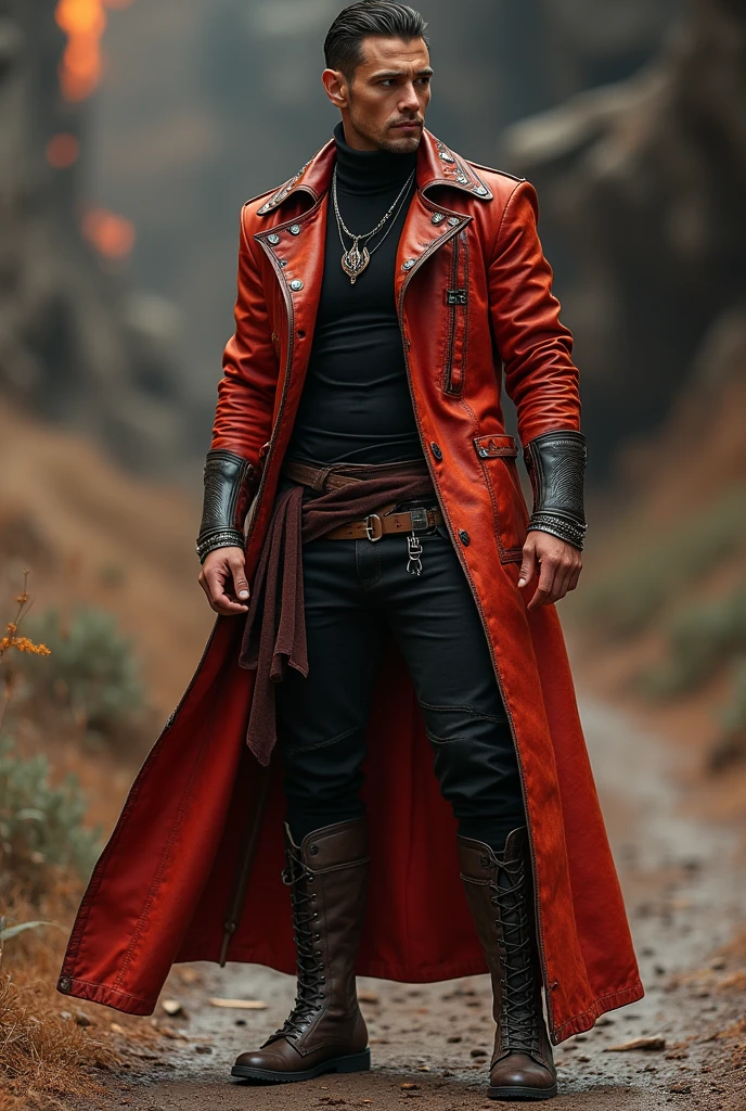 MEN'S CLOTHING
* chemise: A turtleneck shirt, just in the torso, in a deep, intense shade of red, like the hottest flames. O tecido pode ser leather ou camurça para dar um toque mais rústico e imponente.
* pants: pants justas, made of a fire resistant material, like leather or technological fabric. The color can be black or dark brown, contrasting with the liveliness of the shirt.
* trench coat: A long coat, with leather and metal details, que chegue up to the knees. The color can vary between shades of red and orange, com detalhes em preto. The coat should have a cut that enhances the male figure and conveys a sense of power..
* booties: booties altas, up to the knees, leather resistente e com sola grossa. The color can be dark brown or black, with silver details.
Accessories:
* necklase: A necklace with a flame-shaped pendant, made in silver.
* wristbands: Various silver bracelets, with different thicknesses and textures, on both arms.
* waist belt: A wide belt, leather, with a large buckle crafted in silver.
detaileds:
* embroideries: embroideries em vermelho e dourado, representing flames and symbols of the fire people, can adorn the coat and shirt.
* detaileds em metal: detaileds em metal, like rivets and studs, can be added to the coat and boots to give a more rustic and imposing touch.
Additional Tips: