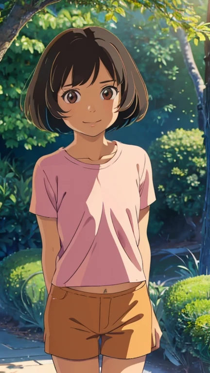 (1girl, solo, highly insanely detailed, masterpiece, top quality, best quality, highres, 4k, 8k, RAW photo),((innocent look)),((Childish)),From the front, symmetrical composition,smile,cute,Innocent,Kind eyes, kotonoha no niwa, park,flowers,lawn,trees, The Garden of Words, (Dora), upper body, short hair, brown hair, brown eyes, tan, pink shirt, orange shorts,