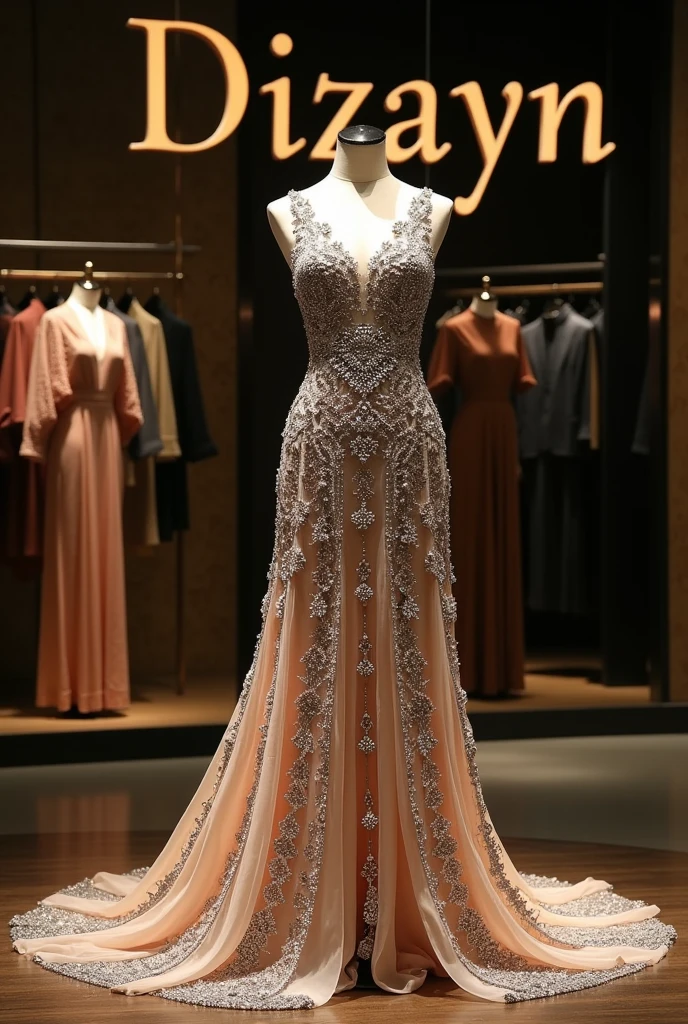 Arabic: A dress studded with rhinestones and beads is displayed in a clothing store. The name of the stores is written on the wall. Dizayn is active for viewing. Name,
