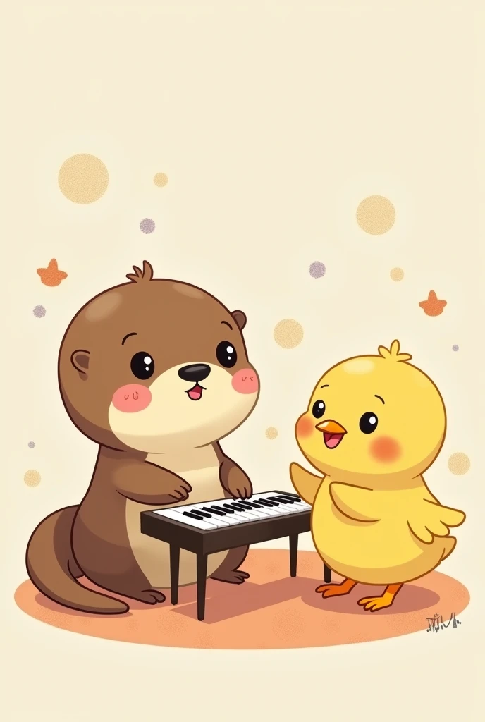 An otter playing the piano and a chick clapping, drawn as kawaii emojis