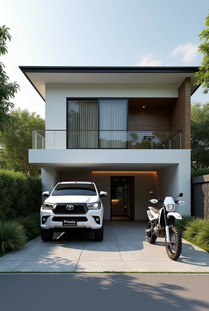 Create a modern house where you can see a white Toyota Hilux in the garage and the license plate holder says "PINEDA", and a Honda CRF 250F cross country motorcycle that says on the mask "PINEDA"