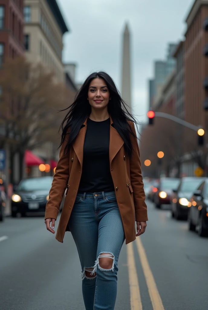 (photorealism:1.2), real pic
34 year old curvy asian woman with long black hair, wearing a black t-shirt, brown suede jacket, torn blu denim pants, brown sneakers, walking
urban washington dc background, dark cloudy clouds, romantic atmosphere