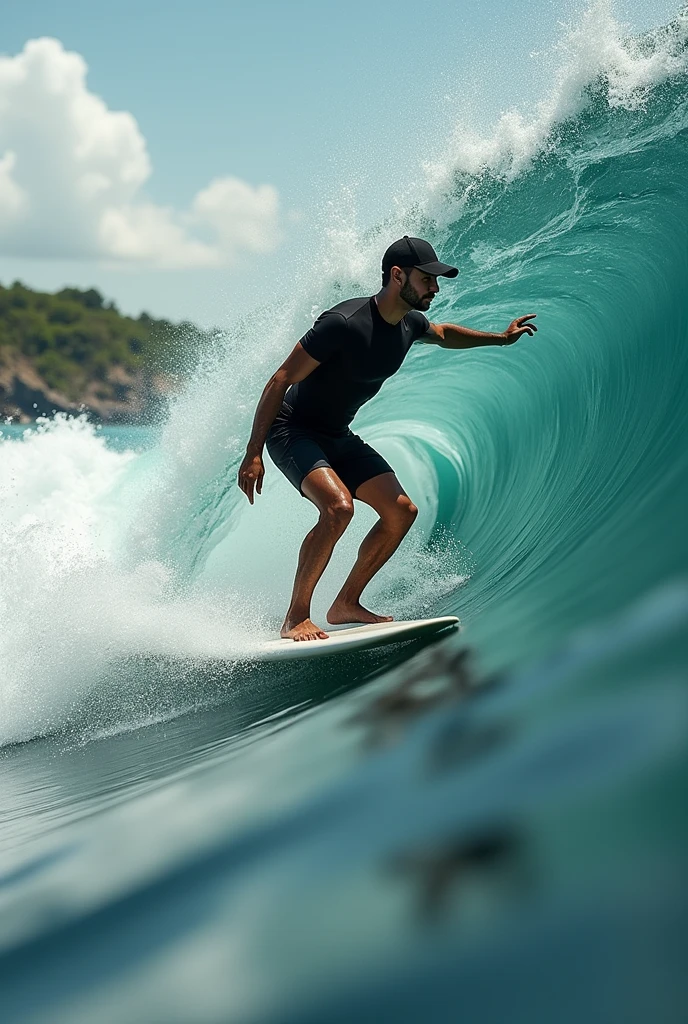 Making a wave with women's legs and a Latino male surfer in a black surf suit and surf cap sliding over them.