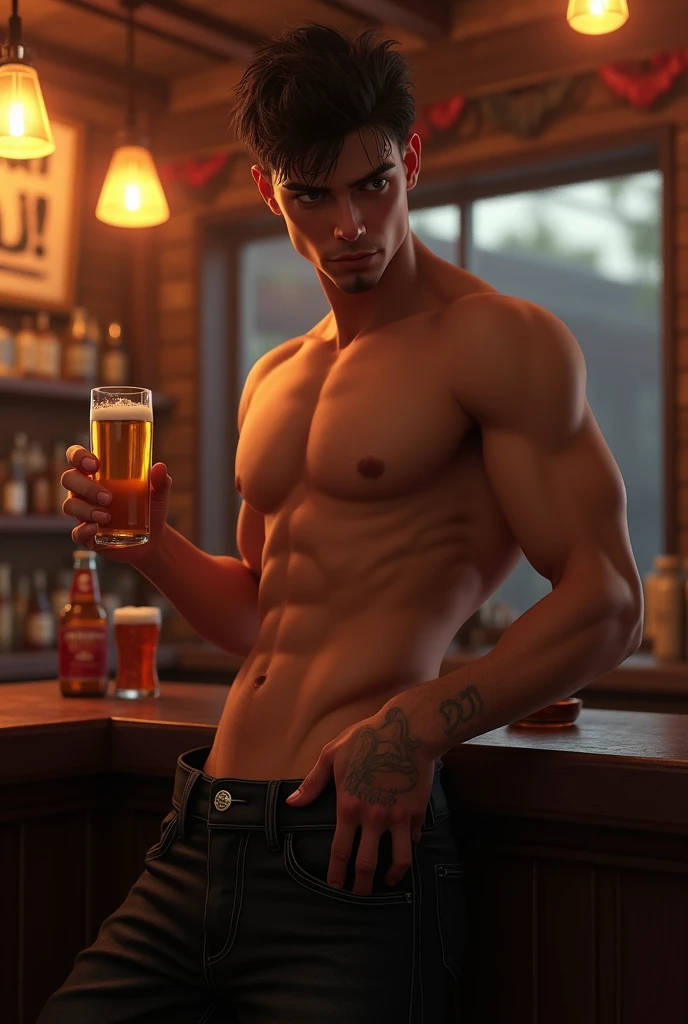 Young handsome cute beautiful skinny white face without shirt with cowboy in a bar with beer in his hand on his back with black jeans lowering his pants showing a part of his intimate butt neglecting his intimate part flirtatious