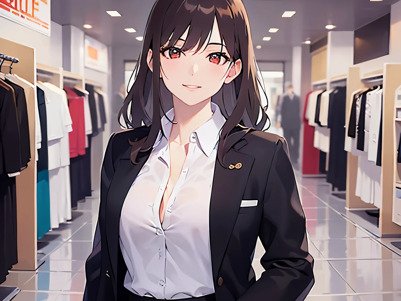 Detailed CG,Ultra-fine illustrations,masterpiece,Highest quality,BREAK(business suit:1.5)BREAK,Realistic,Real person,RAW Photos,Realistic(Pale skin:1.2),Glowing Skin,Shiny Hair,(A 32-year-old woman with medium-length hair and bangs)and(Wavy Hair)and(Brown Hair)and(Orange eyes),(smile),(head tilt),The background is the interior of a clothing store.,Alone