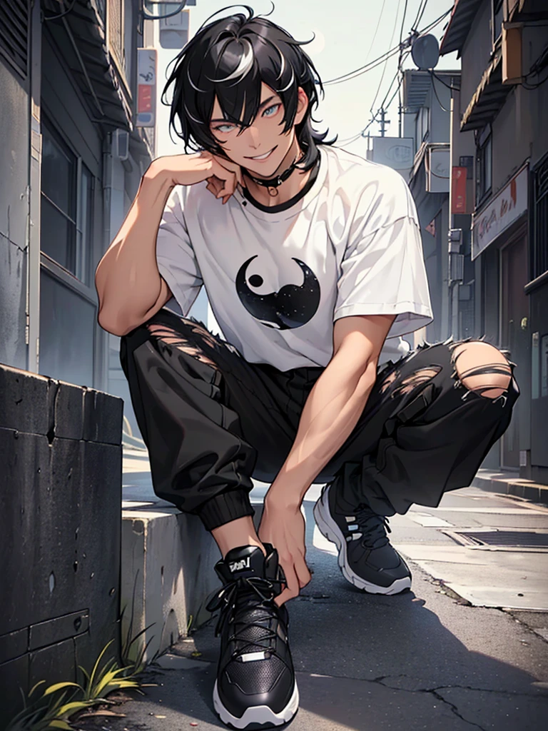 (A single tall man, with slightly messy hair black but on his fringe there is a white streak. Her completely white and seductive eyes, a beautiful smile. He wears a black t-shirt with a moon print, while his pants are black and torn. Now his shoes are like black sneakers mixed with boots (he poses in a sexy and provocative pose, smiling)
