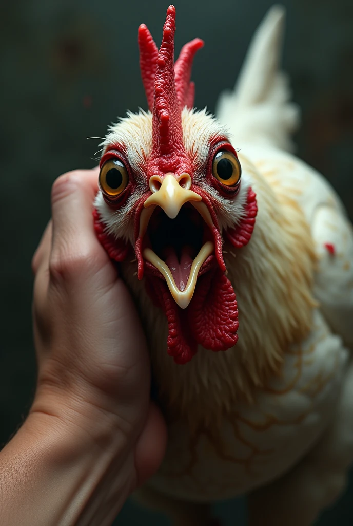 A chicken's neck has been gripped with a hand, the chicken is trying to breth, chicken's eyes are coming out his eyeball, The chicken looks like suffocating, it has opened it's mouth and it's eyeballs are 90% came out, also the grip around neck is very stronger, the hand has encircled around the neck
