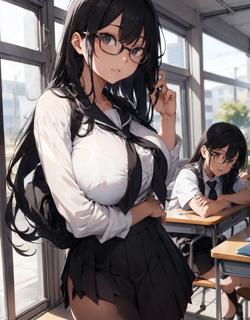 1 female, black long hair, black eyes, glasses, huge breast, thick legs, school uniform, in in school, kiss, 1 male, 1 boy, manly body