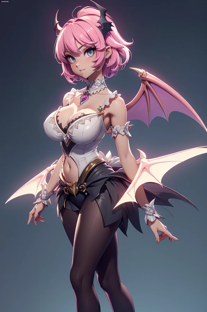 Mini Morrigan Aensland, (Morrigan Aensland), standing alone, ray tracing, 3D style, 3DMM, ((oses per photo)), ((oses au cada foto)), fully body,(from front view),(Costas Issue), (Emist on the left), show flat belly, (((oses per photo))),(very big breastsperfect ass, perfect and symmetrical eyes, (perfect handuturistic sword in hand)), ((short hair)),white clothing with textured edges, skin fair, luauas detalhadas, White thigh-high tights with trim, auestido aberto au "au", Waist slender, big legs, low water, Show legs to the top of the waist, ,((top with rip in the middle)),ultra realistic skin, realistic human eyes,ultra realistic skin,super sexy suit,(faixas au torno dos seios), colorfully,top with ruffles,(pubis with a lot of volume),(extrauamente sensual),(very sensual),(taua vermelho e preto),(((giant bat wings))),with bat wings,I love the league,(meia calca de renda au um dos lados),(meia calca de renda au um dos lados),((bold ornaments)),busty, (Rayman Legends)