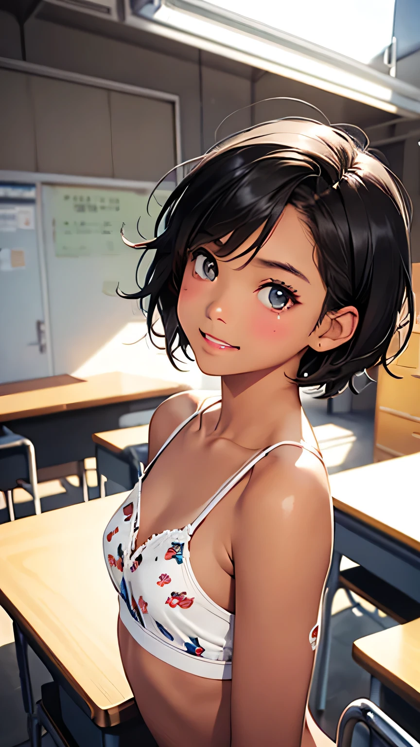 Highest quality、Realistic、、zoom、Girl、look up、cute、Light grey eyes、Black Hair、short hair、Tanned brown skin、Dark Skin、A small white bra with a character print、Small white panties with character print、Shy laugh、Flat Chest、Bust Shot、Low - Angle、thin、classroom