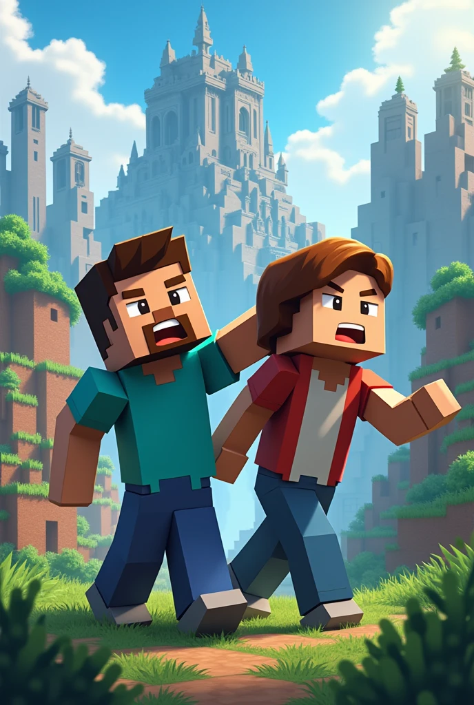 Two young people playing Minecraft with the title The Titans