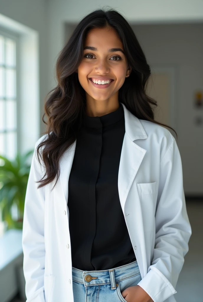 A young Brazilian girl psychologist, with wavy black hair, displaying a natural, well-groomed glow. Her brown eyes reflect a happy and innocent look, highlighting your loving expression, your brown skin, Dressed in a high black blouse and light jeans, combined with a psychology lab coat conveying a professional image, The hospital office environment is bright and professional, The psychologist shows an insecure but excited expression.