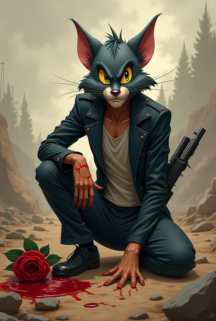 The character in tom and jerry tom on his one knee down position and rose in his bleeding
 hand wearing cool outfit back ground looks like a battle feild tom should be mature and gun in his other hand hiding behind his back