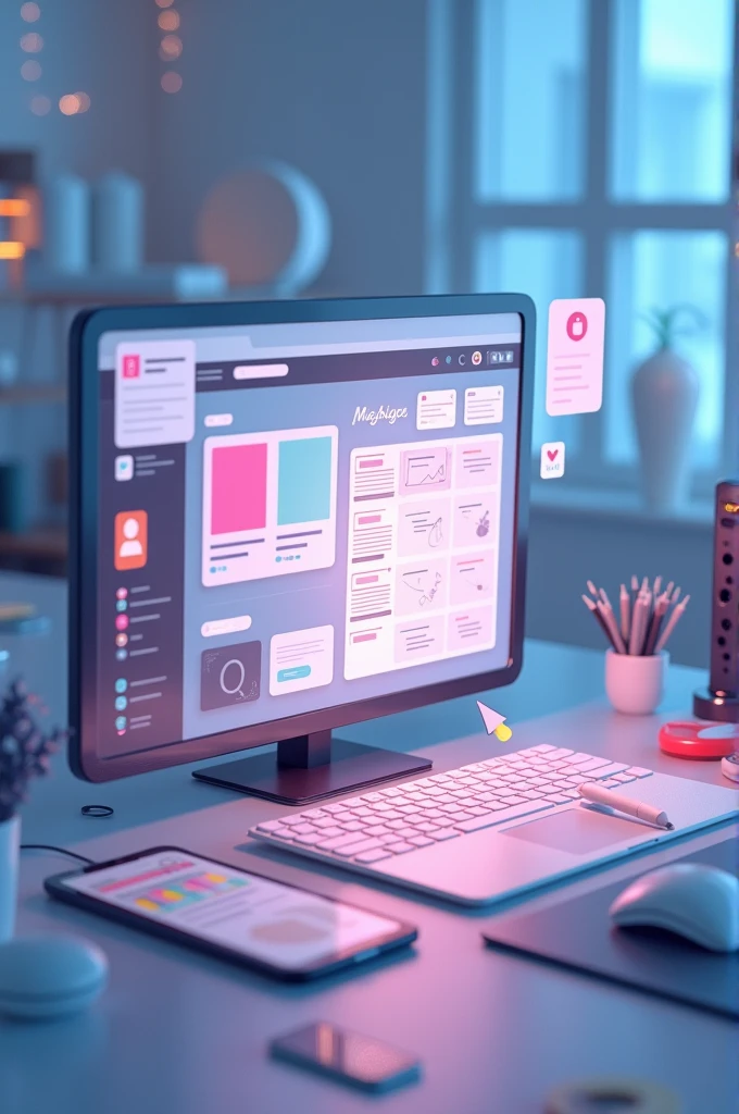 UI/UX Design Integration: "A design-to-code transition scene featuring tools like wireframes and color palettes alongside a web page being built. The image should show the seamless integration of UI/UX design principles into functional web pages, with a cursor or drag-and-drop interface in action."