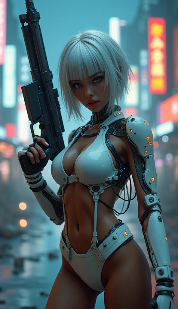 Very detailed Ultra Fantasy Ultimate Details Ultra-high resolution 8K 32k 3D Clear Eyes Silver髪 Gatling Gun mechanical engineering Mechanic Art cyborg black,(dark ebony skin:1.4),(mini skirt white cyborg :1.4), Money, Silver Don't hold your gun steampunk have a grenade , (85mm F/1.4), high quality, (RAW photo, best quality), (realistic, photorealistic: 1.4), (extremely delicate and beautiful: 1.4), amazing, fine details, masterpiece, ultra detailed, high resolution, best illustration, best shadow, intricate, ( extremely intricate: 1.2), (exquisitely detailed skin), cinematic light, perfect anatomy, (cool color: 1.4), sharp focus, 8k UHD, DSLR, (Fujifilm XT3), (iluminación cinematográfica :1.4), (estilo cyberpunk), (dark ebony skin:1.4), ,(Fondo de ruinas de mazmorra en ruinas:1.4 ), (cyborg mecánica white plastic transparent :1.4), Mechanical vertebrae attached to the back, mechanical cervical attachment to the neck, alambres y cables que se conectan a la cabeza, Evangelion, small bright LED lamps,(firebender:1.4) , (colored glass BodySuit transparent cyborg :1.4), (fondo noche ciudad Tokio cyberpunk :1.4)