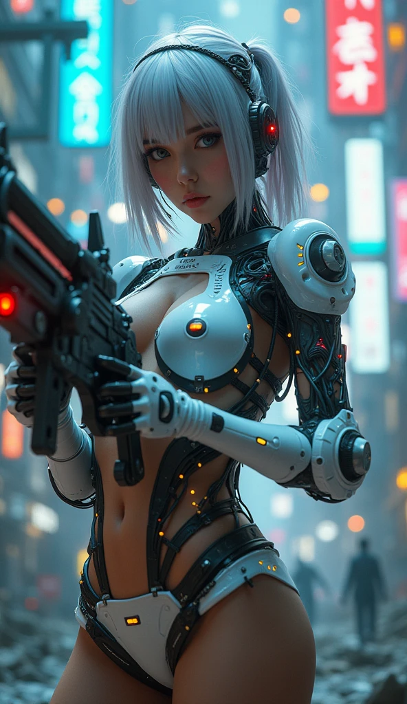 Very detailed　Ultra Fantasy　Ultimate Details　Ultra-high resolution　8K 32k 3D 　Clear Eyes　Silver髪　Gatling Gun　　mechanical engineering　Mechanic Art　cyborg　　black,(dark ebony skin:1.4),(mini skirt white cyborg :1.4), Money, Silver　Don&#39;t hold your gun　steampunk　have a grenade　, (85mm F/1.4), high quality, (RAW photo, best quality), (realistic, photorealistic: 1.4), (extremely delicate and beautiful: 1.4), amazing, fine details, masterpiece, ultra detailed, high resolution, best illustration, best shadow, intricate, ( extremely intricate: 1.2), (exquisitely detailed skin), cinematic light, perfect anatomy, (cool color: 1.4), sharp focus, 8k UHD, DSLR, (Fujifilm XT3), (iluminación cinematográfica :1.4), (estilo cyberpunk), (dark ebony skin:1.4), ,(Fondo de ruinas de mazmorra en ruinas:1.4 ), (cyborg mecánica white plastic transparent :1.4), Mechanical vertebrae attached to the back, mechanical cervical attachment to the neck, alambres y cables que se conectan a la cabeza, Evangelion, small bright LED lamps,(firebender:1.4) , (colored glass BodySuit transparent cyborg :1.4), (fondo noche ciudad Tokio cyberpunk :1.4) 