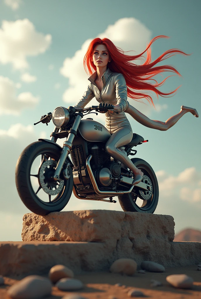 (masterpiece), (highest quality), (1 girl)、 Great composition,A slim and  beauty wears a rider suit and races through the wilderness on a large motorcycle.、Without helmet、、Twilight Wilderness、A depiction that gives a sense of speed、Dynamic Movement