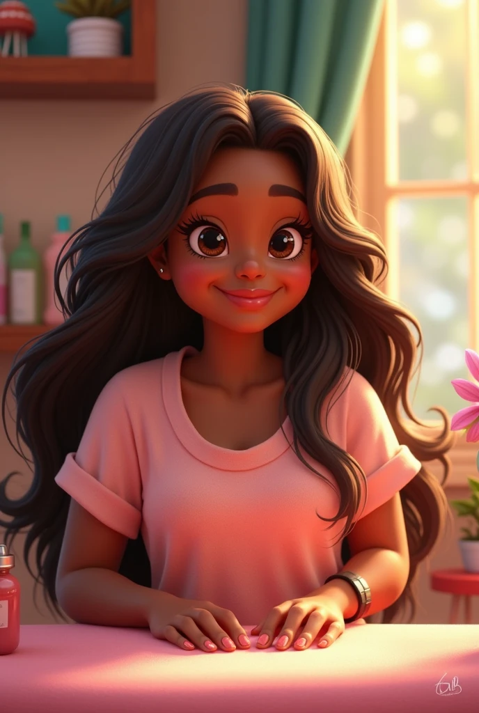 Pixar manicurist, with long brown hair and a mole on her cheek, chubby, a little dark-skinned, with small eyes